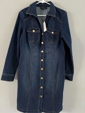 INC International Concepts Navy Denim Long-Sleeve Button Front Dress